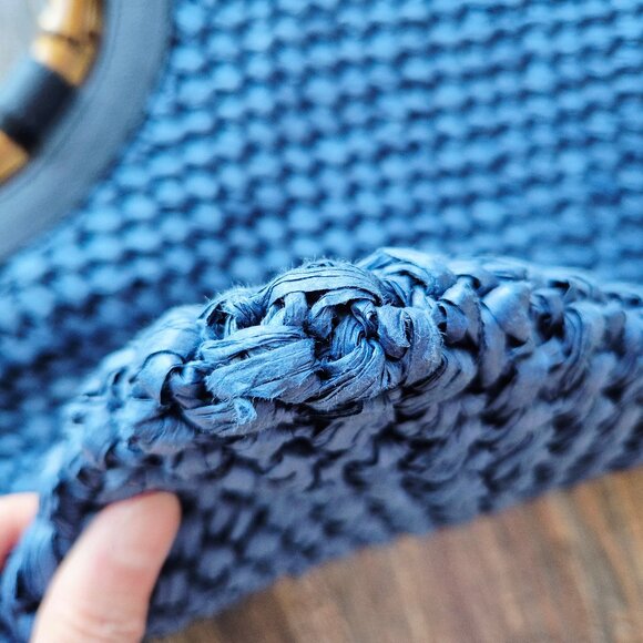 NWoT Talbots 100% Paper Straw Round Bamboo Handle Leather Trim Tote Bag Blue - Picture 6 of 13